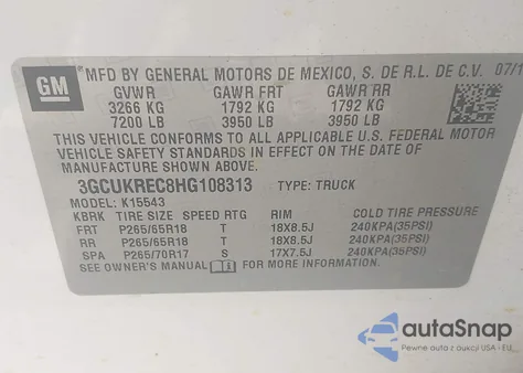 2017 Chevrolet Silverado 1500 2Lt from USA, damaged, VIN 3GCUKREC8HG108313